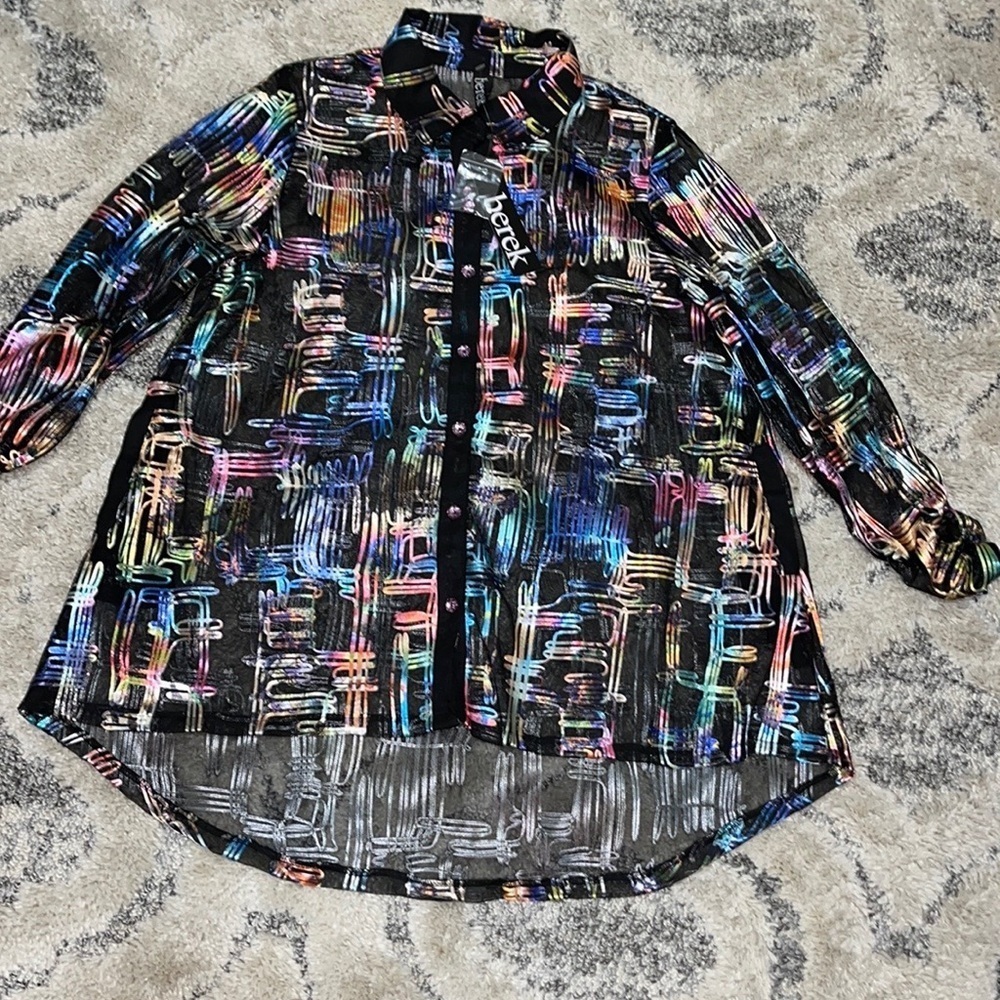 Berek Artsy Floral Mesh Button Front Blouse